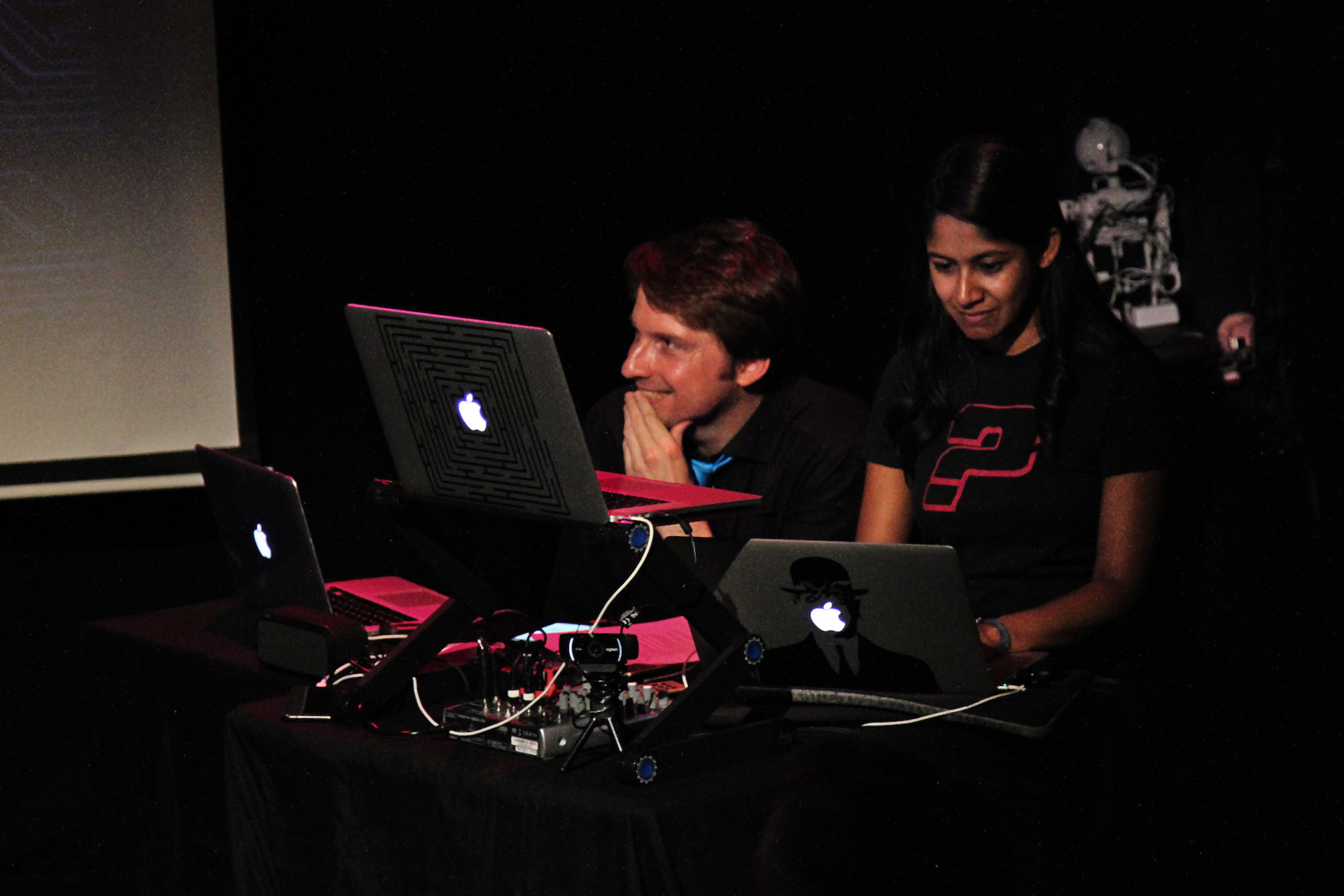 Piotr Mirowski, Shama Rahman and A.L.Ex the robot. Performance of Improbotics: Theatrical Turing Test on 1 August 2018 at the Hen & Chickens Theatre in London. Image credits: Natalya Micic.